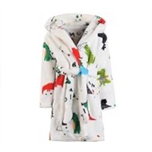 Kids Hooded Bath Robe with Colorful Dinosaur Print - White